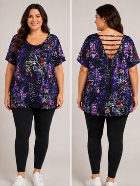 Nola by Penningtons  Abstract Print Active Workout Top Strappy Back,Plus Size 2X